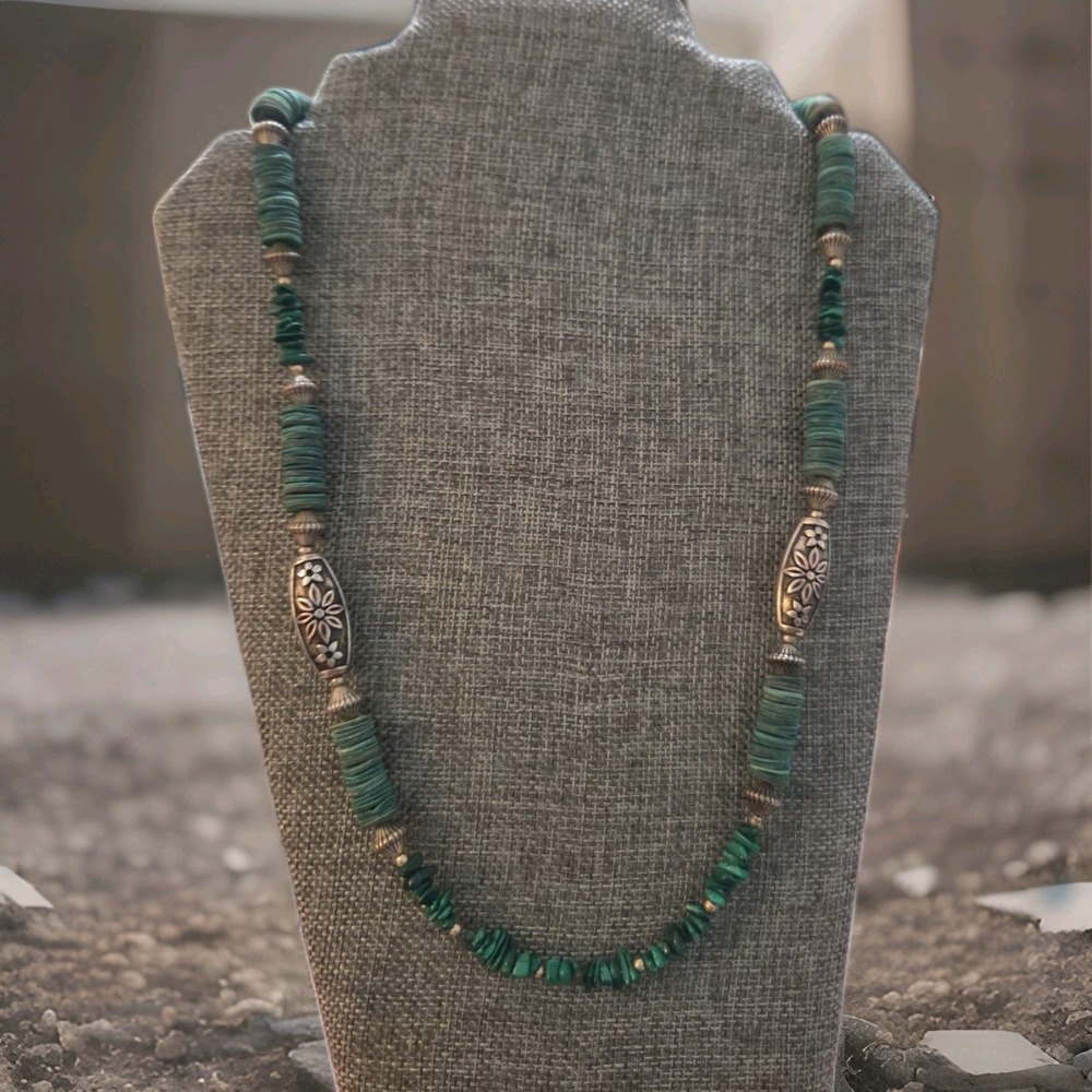 Malachite Disks & Stones 24 Inch Silver Tone Floral Beads Vintage